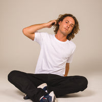 Dylan wears our sustainable, ethical t-shirt, organic cotton, rPET, recycled plastic bottle t-shirt, super comfy.