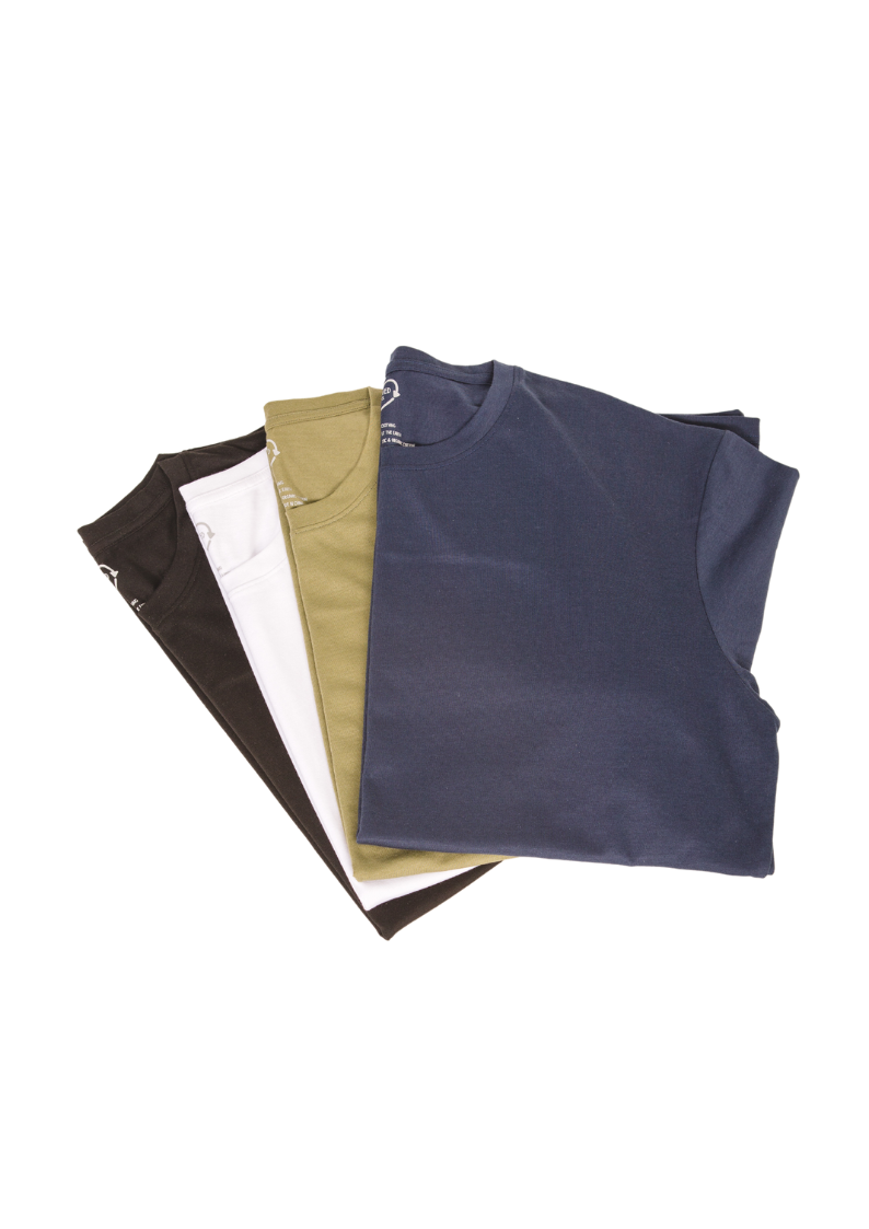 flat lay of all four colours of the classic sustainable t-shirt (35% organic cotton and 65% rPET). Available in black, white, khaki and navy. DTF printing available, in-house, locally on the Gold Coast. Biodegradable packaging and tree planting for your orders.